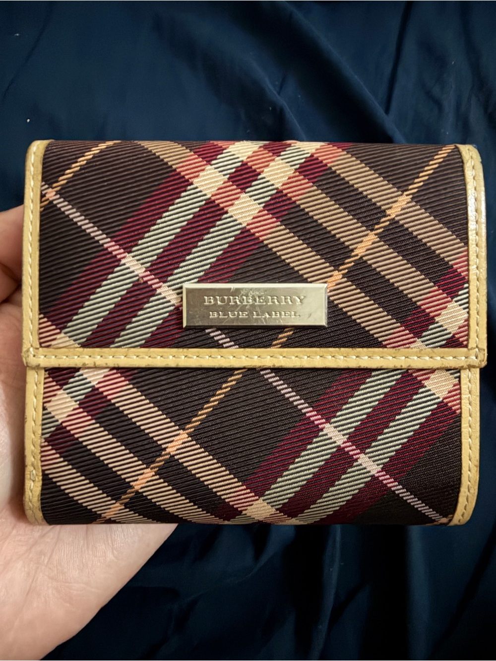 Burberry Blue Label Nova Check Tri-Fold Wallet Burgundy Tan